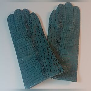 CHI BY FALCHI LEATHER SNAKESKIN GLOVES, TEAL & SPARKLE GOLD,